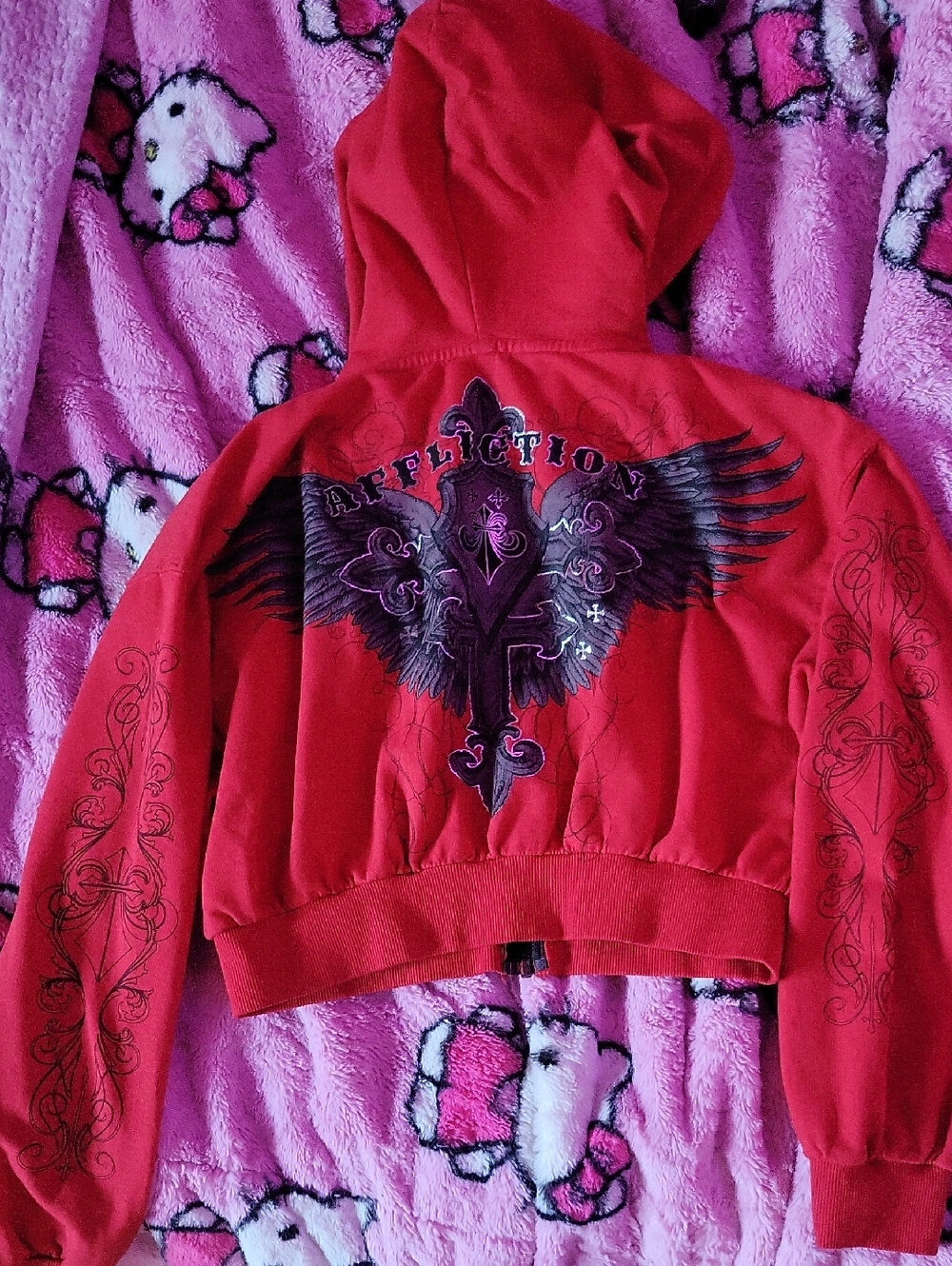 NWT Affliction Cropped Red and black cross Reflective Zip Up size small